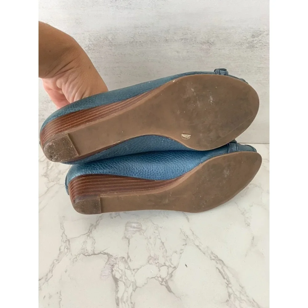 Tory Burch Navy Blue Leather Leticia Wedge Pumps Sz 6M Blue Logo Office Work